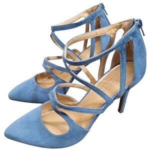 Lauren Conrad Womens Blue Suede Strappy Pointed Toe Stiletto Heels 4 In Size 10M